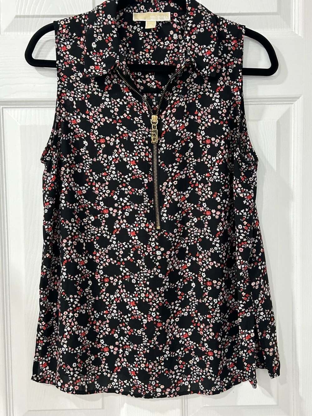 Michael Kors Black Floral Print Sleeveless Front-Zip Blouse Top Size M